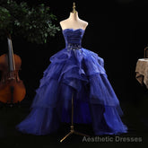 Blue Prom Dresses Ruffles Tiered Crystal Beaded Top FormalParty Dress, High Low Prom Dress